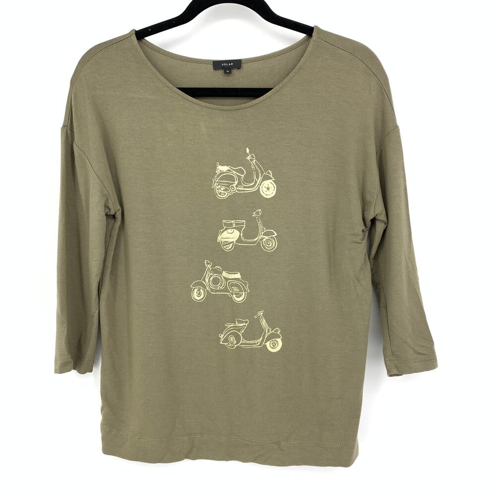 Solar T-Shirt Women's Sz 36 US Small Graphic Tee Green Scooter Print 3/4 Sleeve